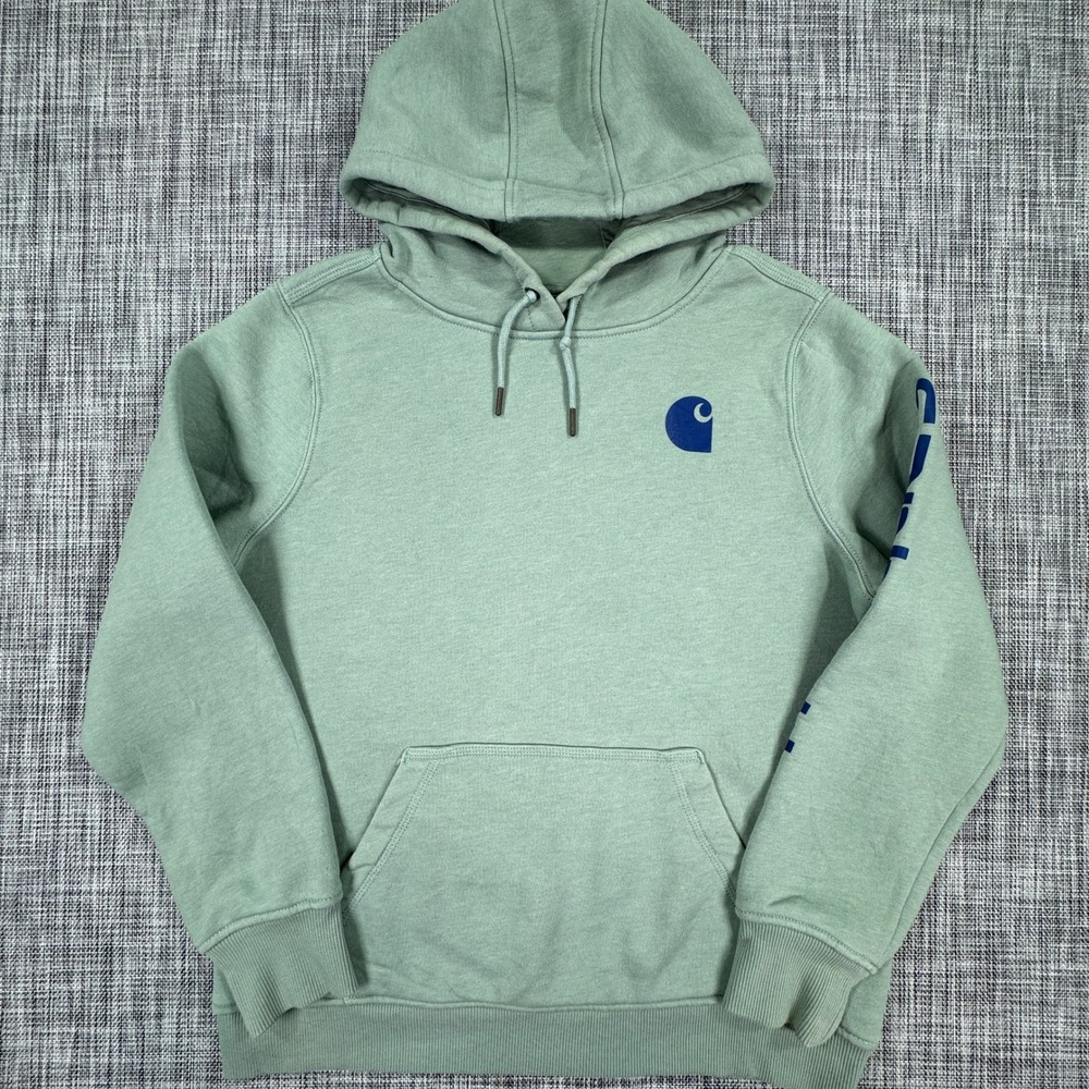 Carhartt Womens L 12-14 Clarksburg Hoodie Green Relaxed Fit Sleeve Logo Pullover